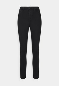 Vaqueros skinny de mezclilla negra con cintura alta, con cierre de botón, cinco bolsillos y una textura lisa y elástica.