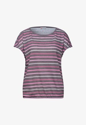 Damesblouse met korte mouwen met horizontale roze, grijze en witte strepen, ronde hals en losse pasvorm.