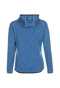 Blå långärmad hoodie i ett texturerat tyg. Har en åtsittande krage med huva och kontrasterande mörk kant längs kanterna.