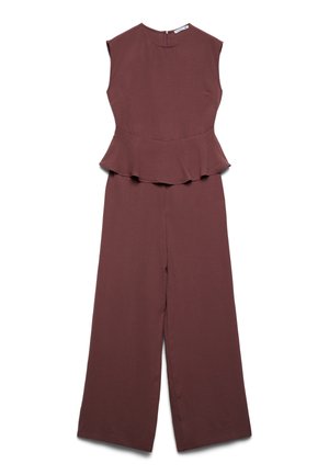 Tuta marrone senza maniche con dettaglio a vita con balza e pantaloni a gamba larga, con chiusura posteriore con cerniera.