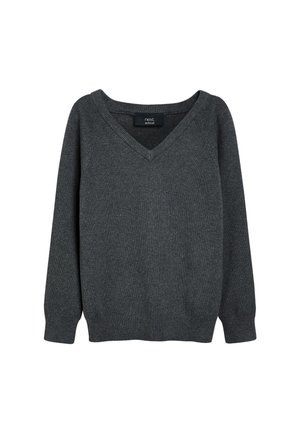 Dunkelgrauer V-Ausschnitt langärmliger Strick-Schuluniformpullover mit gerippten Bündchen und Saum, innen am Kragen mit der Aufschrift "nexr school".