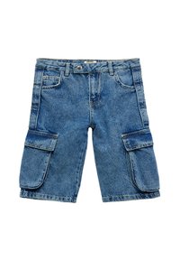 Vaaleansiniset denimcargo-shortsit, joissa on useita taskuja, vahvistetut saumat ja suora lahje. Klassinen viiden taskun malli.