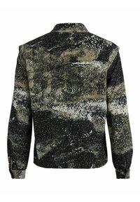 Skjorta med knappar i svart och olivgrön abstrakt mönster, långa ärmar och klassisk krage med texturerad tygfinish.