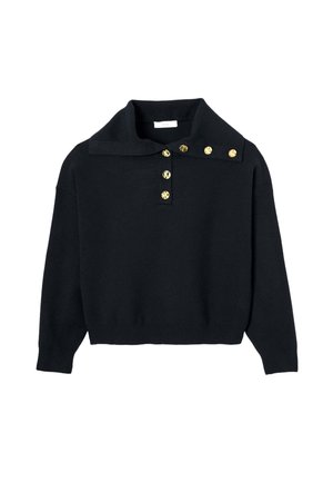 Pull en maille noire avec un large col, featuring des boutons en or sur le col et le boutonnage. Design court avec une coupe décontractée.