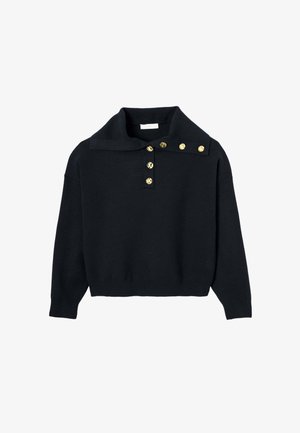 Pull en maille noire avec un large col, featuring des boutons en or sur le col et le boutonnage. Design court avec une coupe décontractée.