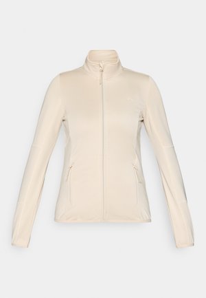 Ανοιχτό μπεζ μπουφάν με φερμουάρ, ψηλό γιακά, μακριά μανίκια, πλαϊνές τσέπες και υφασμάτινες λεπτομέρειες στα μανίκια. Λείο ύφασμα με εφαρμοστή γραμμή.