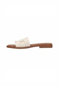 Flat slide sandal with a textured cream upper, featuring two horizontal straps and a contrasting light brown sole. Minimal design.