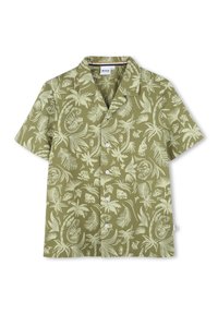 Korte mouwen shirt van olijfgroen stof met witte botanische en dierenpatronen, voorzien van een puntige kraag en een knoopsluiting aan de voorkant.