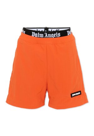 Pomarańczowe szorty z czarnym elastycznym pasem z białym napisem "Palm Angels" oraz małą naszywką "Palm Angels" na lewej nogawce.