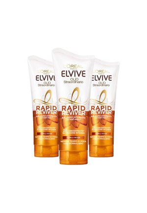 Tre tubi del balsamo istantaneo intensivo L'Oréal Elvive Olio Straordinario Rapid Reviver per capelli secchi, con confezione arancione e bianca.