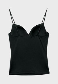 Haut cami noir ajusté avec bonnets rembourrés intégrés et bretelles fines réglables sur fond gris uni.