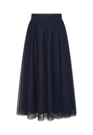 Jupe midi bleu marine avec superposition en tulle transparent et large ceinture élastique, design fluide et plissé.