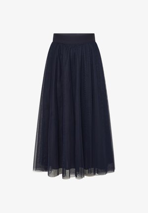 Marineblauwe midi-rok met doorschijnende tule overlay en brede elastische tailleband, met een luchtig en geplooid ontwerp.