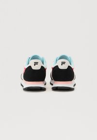 Sport shoes featuring a black suede and mesh upper with pink and white accents, a light blue collar, and a rubber sole.