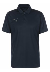 Polo shirt marine en tissu lisse, avec un petit logo Puma gris sur la poitrine gauche et un col traditionnel avec deux boutons.