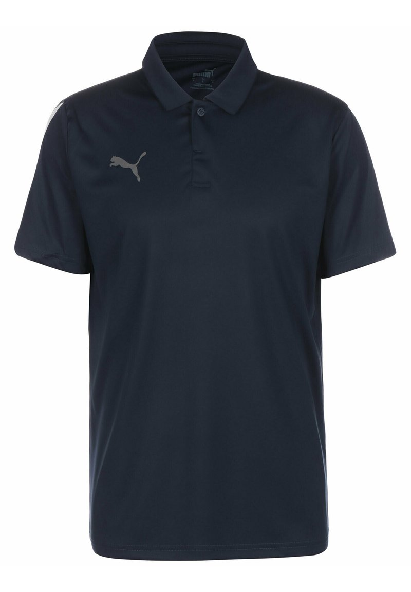Polo shirt marine en tissu lisse, avec un petit logo Puma gris sur la poitrine gauche et un col traditionnel avec deux boutons.