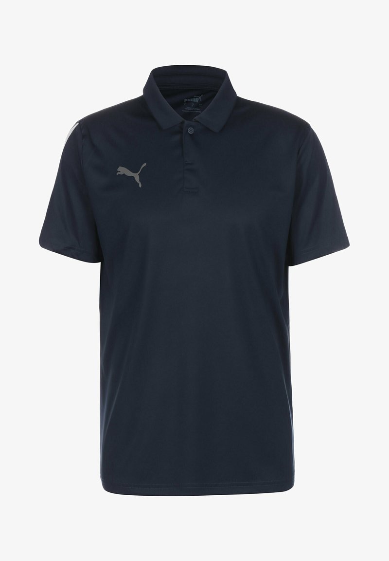Polo shirt marine en tissu lisse, avec un petit logo Puma gris sur la poitrine gauche et un col traditionnel avec deux boutons.