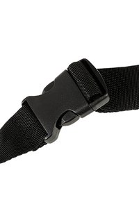 Czarny nylonowy pasek z trwałą plastikową klamrą. Powierzchnia jest strukturalna, a klamra ma gładkie wykończenie z bezpiecznym mechanizmem zapięcia.