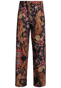 Wijd gesneden broek gemaakt van stof met een zwarte achtergrond en kleurrijke paisley-, bloem- en geometrische patronen in rood, blauw en geel.