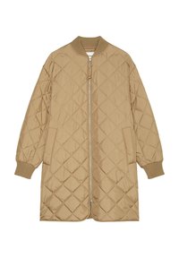 Długa beżowa kurtka pikowana z diamentowym przeszyciem, z przodu na zamek błyskawiczny, ściągacze przy kołnierzu i mankietach oraz boczne kieszenie, zaprojektowana na zimne dni.