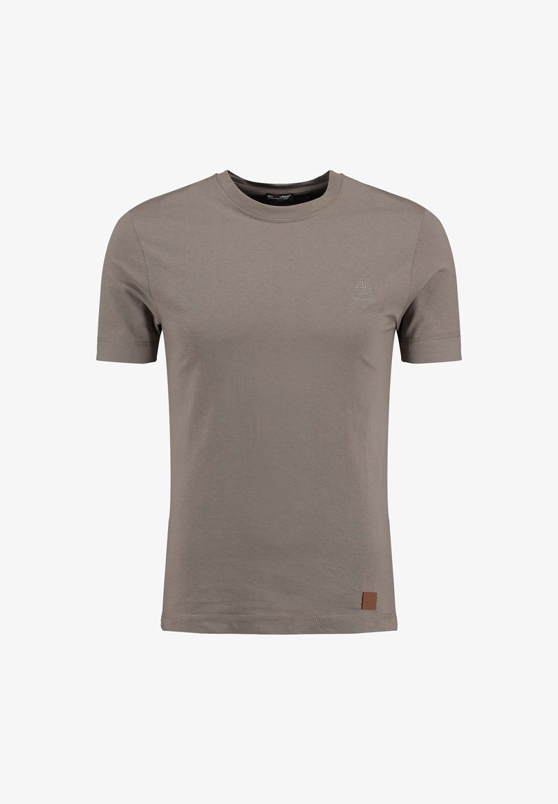 T-shirt di cotone marrone con collo rotondo, maniche corte e un logo discreto sul petto. Presenta un piccolo etichetta in pelle sul lato.