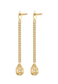 Orecchini pendenti color oro con un design a catena, caratterizzati da accenti a goccia e dettagli in openwork; superficie liscia con finitura lucida.