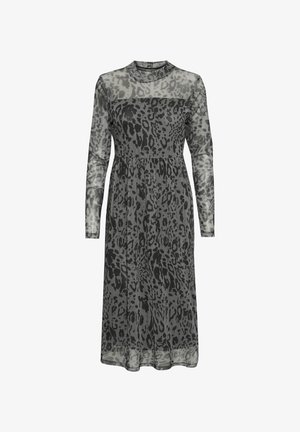 Dlhé šaty s dlhým rukávom z priesvitnej šedé tkaniny s čiernym leopardím vzorom. Priliehavý korzet, splývavá sukňa a vysoký výstrih. Elegantný a textúrovaný dizajn.