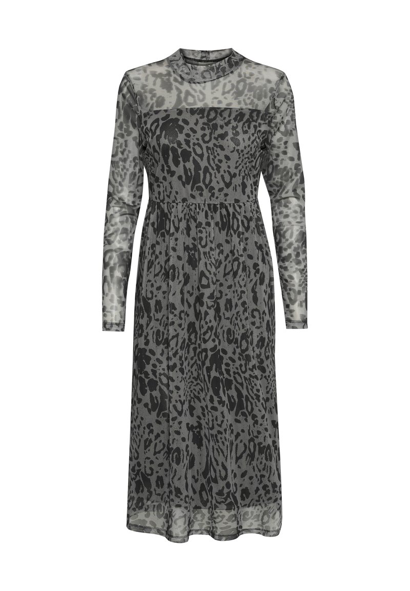 Robe à manches longues en tissu gris transparent avec un imprimé léopard noir. Corsage ajusté, jupe fluide et col haut. Design élégant et texturé.