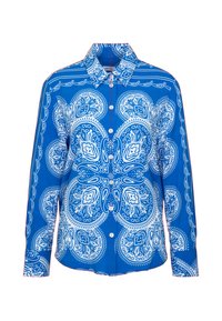 Camicia azzurra con bottoni, motivo paisley bianco, design colletto, maniche lunghe e dettagli rossi in contrasto lungo le cuciture.