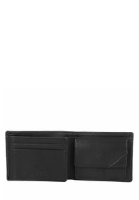 Black leather wallet with two card slots and a side pocket. Features smooth texture and stitched edges. Compact, bi-fold design.