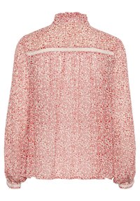Blusa floreale in tessuto leggero e trasparente con colletto arricciato. Presenta piccoli fiori rossi e rosa su uno sfondo chiaro e una parte posteriore arricciata.