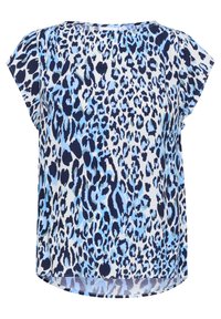 Kratka majica s kratkimi rokavi, ki prikazuje modro in temno modro leopardjo vzorec na beli podlagi, izdelana iz lahkotnega materiala z sproščenim krojem.