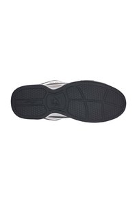 Suela de sneaker de goma negra con un patrón texturizado, que cuenta con un logo central y elementos de acento blancos a lo largo del borde.