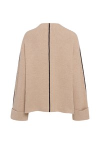 Beige knit sweater with a loose fit, featuring a black striped design along the center and sides, and cuffed sleeves. Textured fabric.