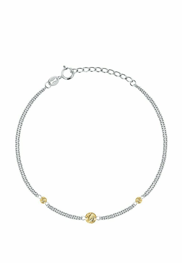 Bracciale in argento con catena, caratterizzato da tre decorazioni: due sfere d'oro lucido e una sfera d'oro texturizzato, con chiusura a moschettone.