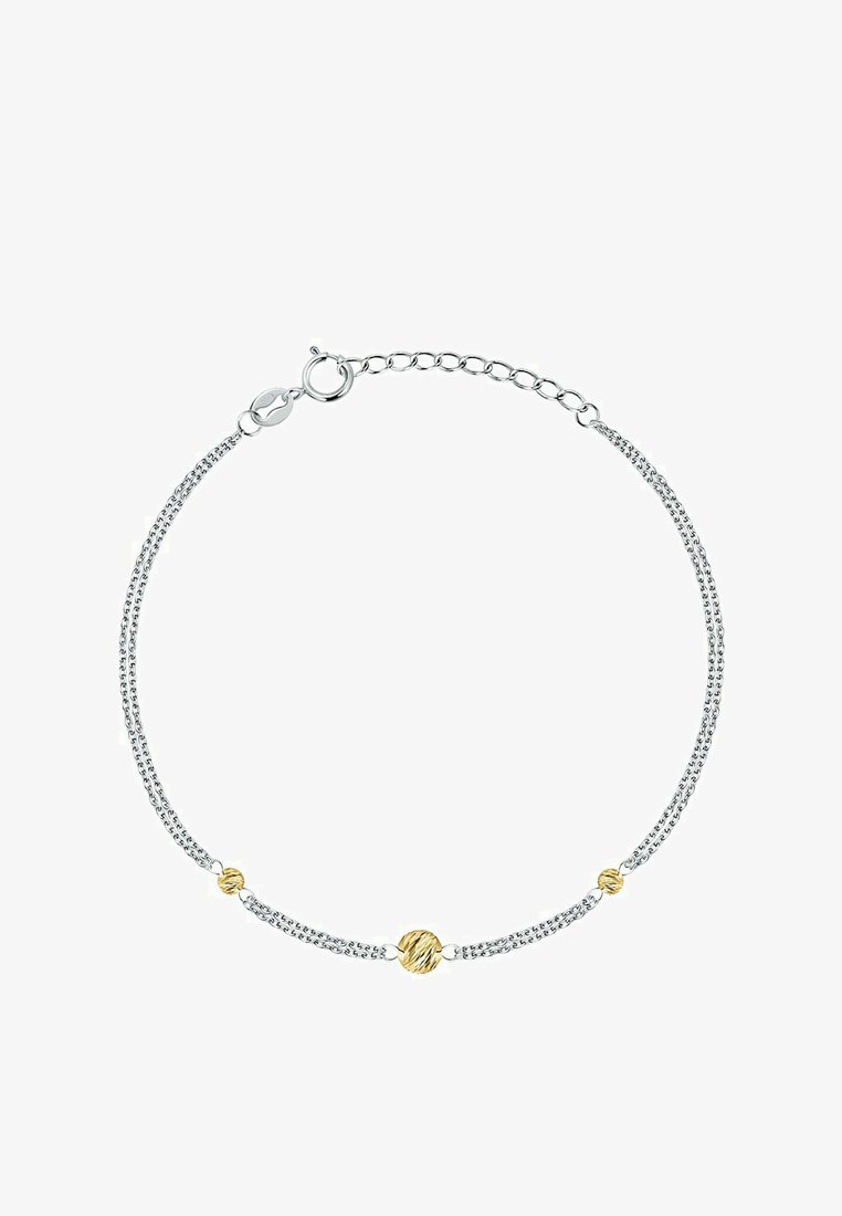 Bracciale in argento con catena, caratterizzato da tre decorazioni: due sfere d'oro lucido e una sfera d'oro texturizzato, con chiusura a moschettone.