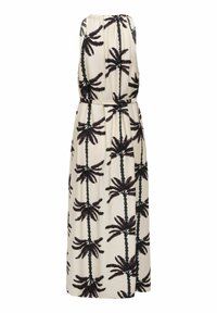 Robe longue beige sans manches avec imprimé palmier noir et ceinture cintrée à la taille, adaptée pour un usage décontracté ou pour la plage.
