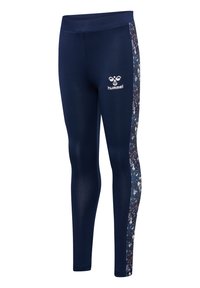 Marinblå leggings med ett blommönstrat panel på sidan. Har en figurnära passform och ett elastiskt midjeband med en vit logotyp fram.