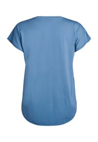 Blauw t-shirt met korte mouwen, zachte stof, ronde halslijn, gebogen zoom, gladde textuur, geen patronen of versieringen.