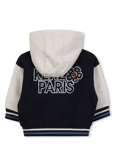 Felpa con cappuccio in misto cotone navy e crema. Presenta ricamo "KENZO PARIS" e dettaglio floreale. Polsini a coste con strisce blu.