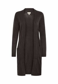 Long black cardigan made of a lightweight knit fabric. Features an open front, long sleeves, and two front patch pockets.