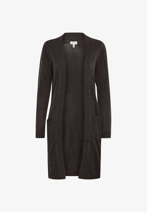 Long cardigan noir en tissu tricot léger. Il dispose d'un devant ouvert, de manches longues et de deux poches à rabat à l'avant.