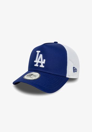 Blau-weiße Baseballkappe aus Mesh mit weißem "LA"-Logo auf der Vorderseite und verstellbarem Riemen, New Era Aufkleber auf dem Schirm.