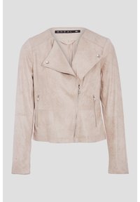 Veste en suédine beige à fermeture éclair asymétrique, accents en métal argenté, manches longues et coupe courte. Présente un col cranté.