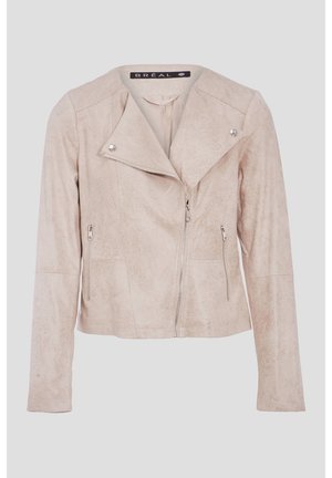 Beige Kunstwildlederjacke mit asymmetrischem Reißverschluss, silbernen Hardware-Details, langen Ärmeln und einer cropped Passform. Mit einem Reverskragen-Design.