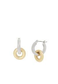 Gold and silver hoop earrings featuring interlocking circles. The hoops are polished with a shiny finish and a connecting circular accent.