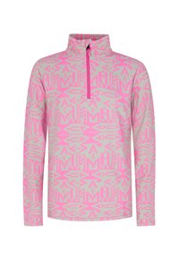 Pull-over à manches longues en gris clair avec un motif géométrique rose vif, présentant un col haut et une fermeture éclair à moitié sur le devant.