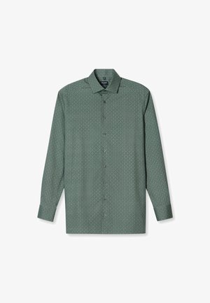 Langarmhemd in dunkelgrün mit geometrischem Muster. Verfügt über einen klassischen Kragen, eine durchgehende Knopfleiste und eine leicht lockere Passform.
