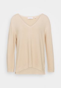 Hellbeige gestrickter Pullover mit V-Ausschnitt, langen Ärmeln, geripptem Struktur, seitlichen Schlitzungen und lockerer Passform.