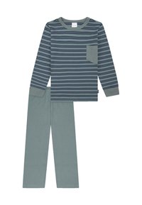 Gestreiftes Langarmshirt in teal und marine, mit einer Tasche auf der linken Brust, kombiniert mit einfarbigen tealfarbigen Hosen, beide aus weichem Baumwollstoff.